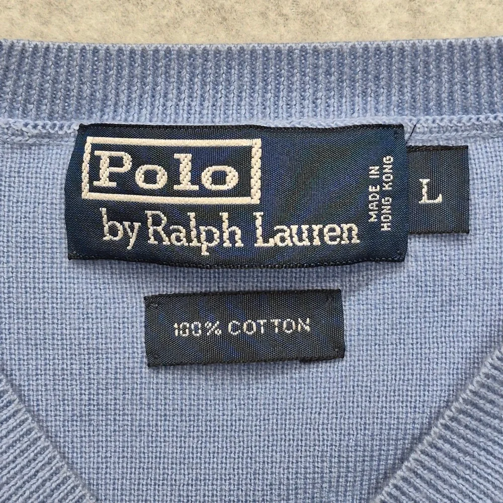 Polo Ralph Lauren Mens V-Neck Sweater Blue 100% Cotton Pony Logo Large